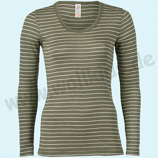 ENGEL: Damen Langarm Hemd - LA Hemd - Wolle Seide olive natur Ringel BIO