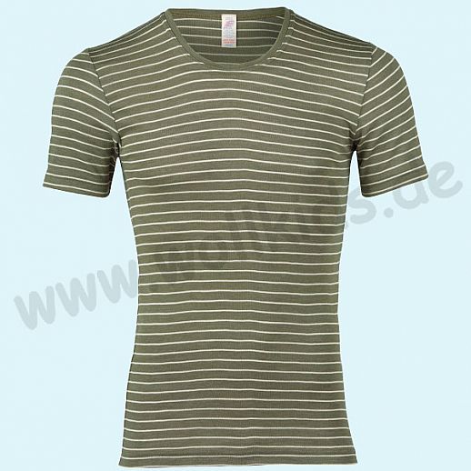 ENGEL: Herren Kurzarm Shirt - KA Hemd - Wolle Seide olive natur Ringel BIO