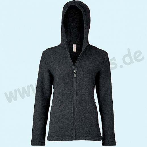 ENGEL - WOLLFLEECE Jacke mit Kapuze für Damen - extra dickes Fleece - kbT Merinowolle - Winterjacke GOTS BIO schwarz