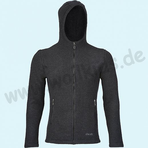 ENGEL - WOLLFLEECE Jacke mit Kapuze für Herren - extra dickes Fleece - kbT Merinowolle - Winterjacke GOTS BIO schwarz