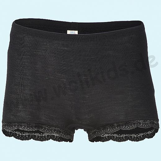ENGEL: Damen Pants Panty Unterhose mit kurzem Bein - Wolle Seide schwarz mit Spitze BIO