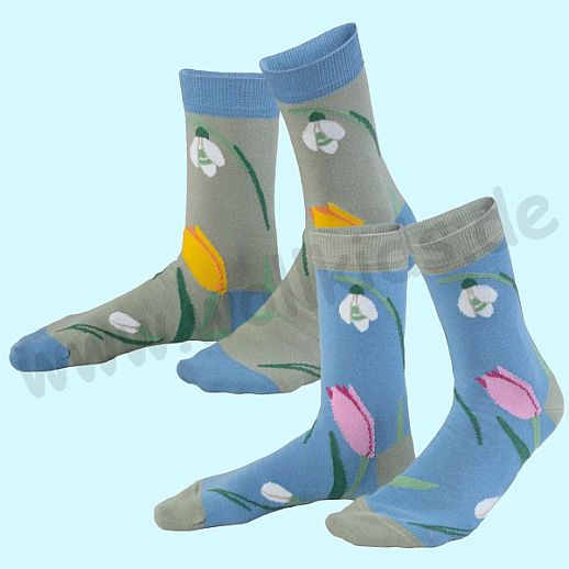 Livingcrafts Damen Socke - Doppelpack - BIO Baumwolle - fröhliche Schneeglöckchen & Tulpen