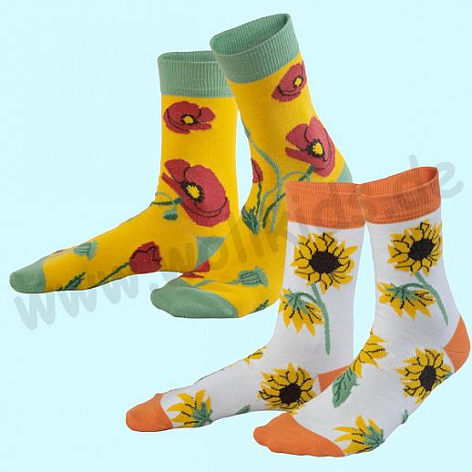 Livingcrafts Damen Socke - Doppelpack - BIO Baumwolle - fröhliche Socle: gelb Mohn, weiß Sonnenblume