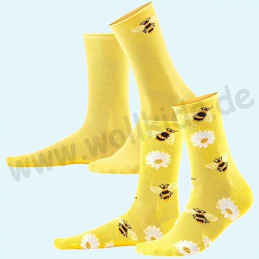 Livingcrafts Damen Socke - Doppelpack - BIO Baumwolle - fröhliche Sommersocke - sun gelb Blumen & Bienen