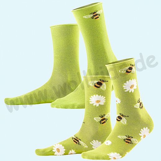 Livingcrafts Damen Socke - Doppelpack - BIO Baumwolle - fröhliche Sommersocke - grün Blumen & Biene