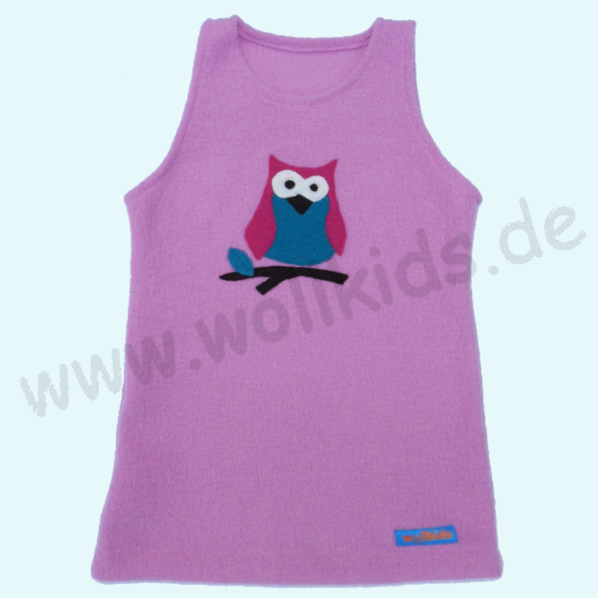 Süßes Wollkids Mädchen Walk Kleid ohne Ärmel rosa mit Applikation Eule Wollkids Baby & Kinder Walk Kleid ohne Ärmel aus 100% Wollwalk für Mädchen rosa mit Applikation Eule