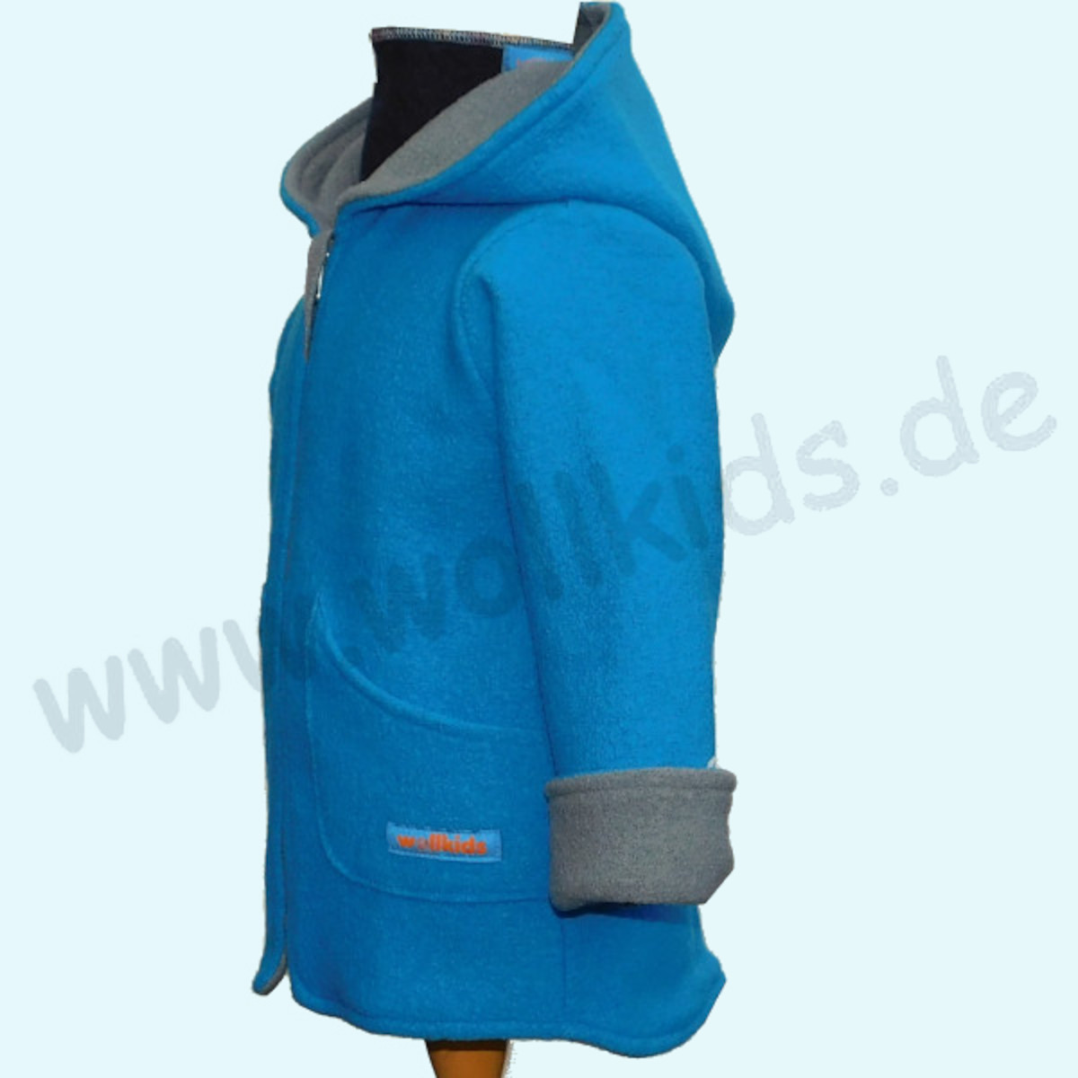 Warme Kinder Walkjacke aus 100% Schurwolle - Wollkids blau/grau Doubleface Walkjacke für Kinder aus 100% Schurwolle von Wollkids - Farbe blau/grau