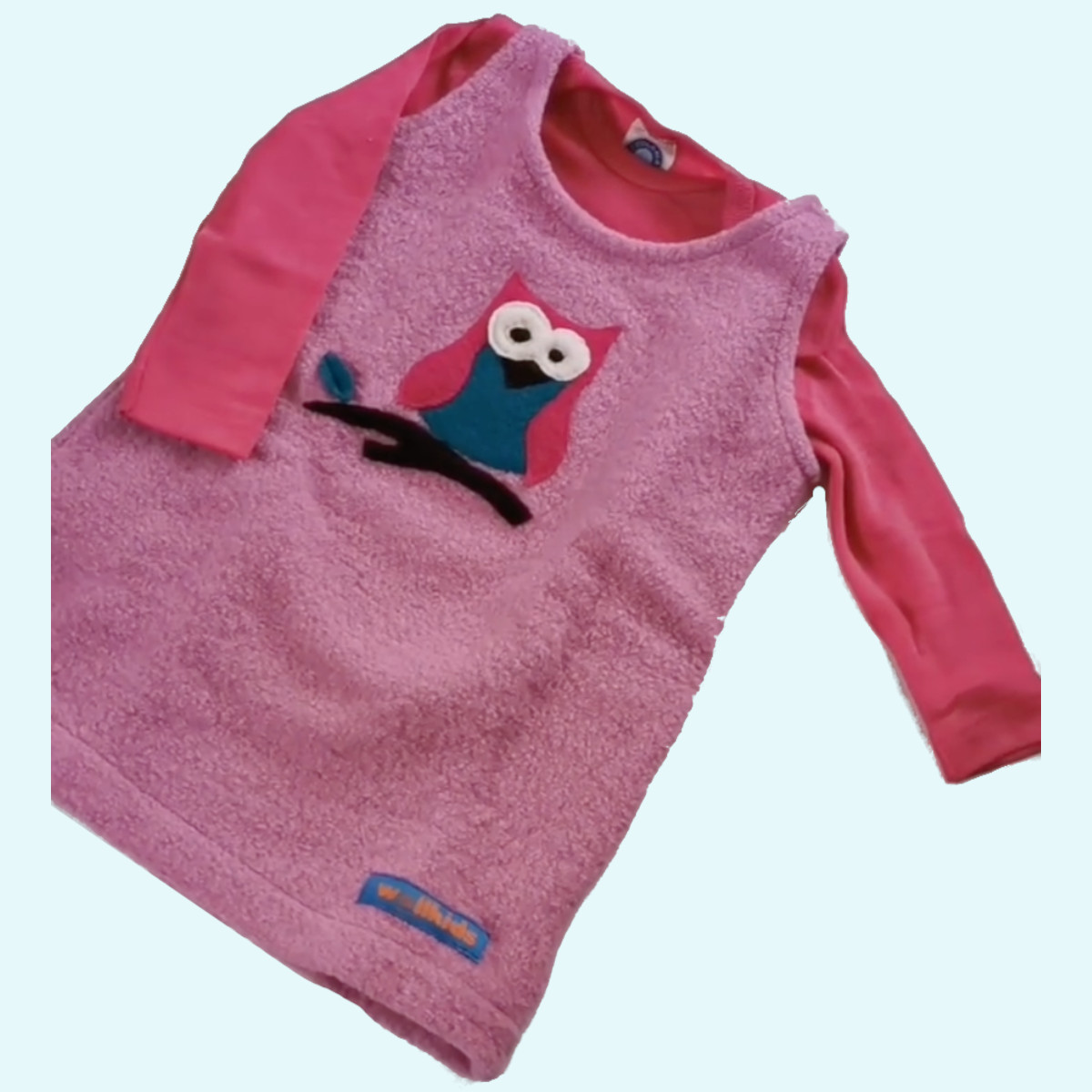 Süßes Wollkids Mädchen Walk Kleid ohne Ärmel rosa mit Applikation Eule Wollkids Baby & Kinder Walk Kleid ohne Ärmel aus 100% Wollwalk für Mädchen rosa mit Applikation Eule