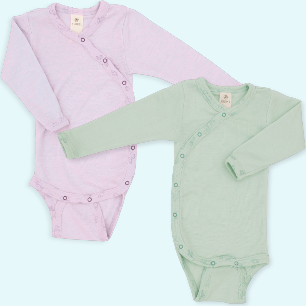 SALE - Warmer Engel Baby Wickelbody Merinowolle Seide SALE - Langarm Baby Wickelbody einfarbig von Engel aus kbT merino Schurwolle/Seide pastellmint & magnolie - ideal im Winter & bei empfindlicher Haut GOTS