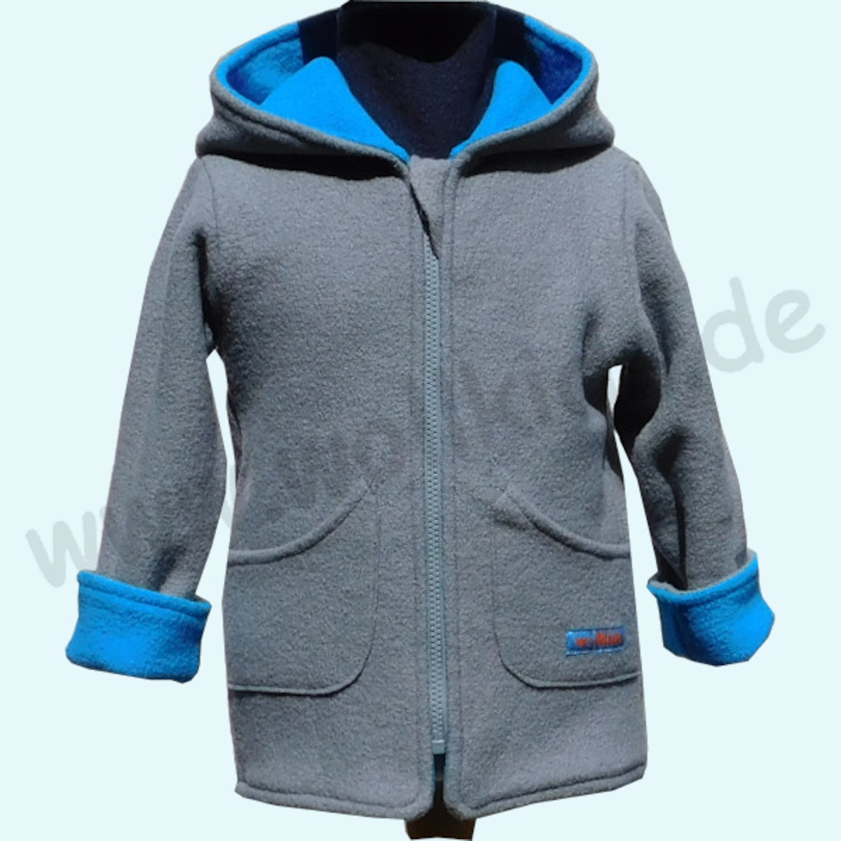 Warme Kinder Walkjacke aus 100% Schurwolle - Wollkids blau/grau Doubleface Walkjacke für Kinder aus 100% Schurwolle von Wollkids - Farbe blau/grau