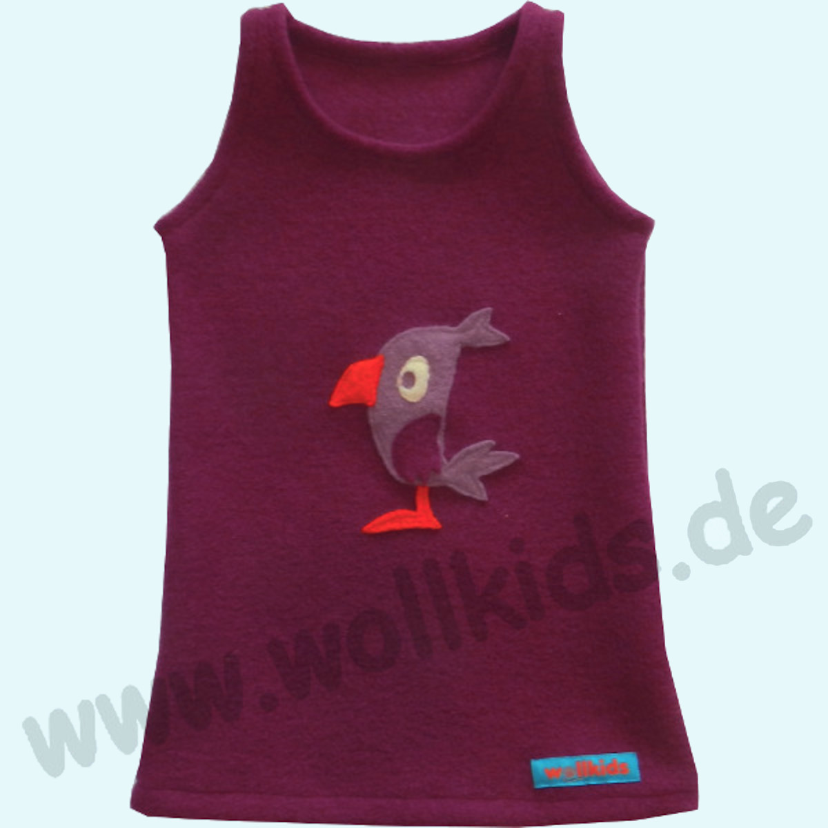 Süßes Wollkids Mädchen Wollwalk Kleid beere mit Applikation Vogel Birdy Wollkids Baby & Kinder Walk Kleid ohne Ärmel aus 100% Wollwalk für Mädchen beere mit Applikation Vogel Birdy