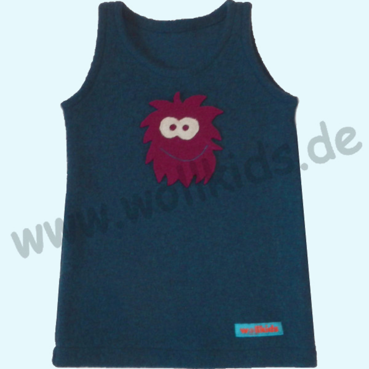 Süßes Wollkids Mädchen Walk Kleid ohne Ärmel blau mit Applikation Monster Wollkids Baby & Kinder Walk Kleid ohne Ärmel aus 100% Wollwalk für Mädchen blau mit Applikation Monster