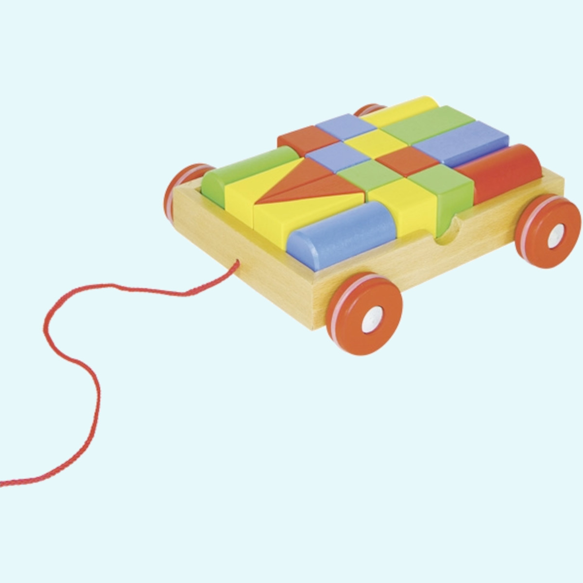 Großer Ziehwagen aus Holz für Kinder von Goki mit 18 bunten Bausteinen Großer Ziehwagen mit 18 bunten Bausteinen aus Holz von Goki für Kinder ab 1 Jahr