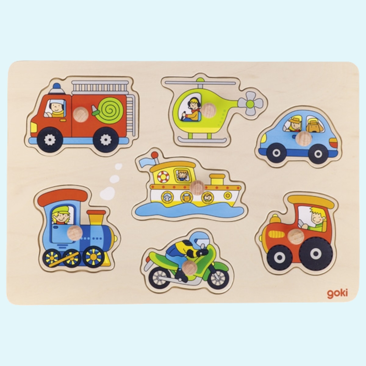 Großes Steckpuzzle aus Holz für Kinder von Goki - Fahrzeuge Motiv 7 Teile Großes Steckpuzzle aus Holz von Goki für Kinder ab 1 Jahr - mit Fahrzeuge Motiv - 7 Teile