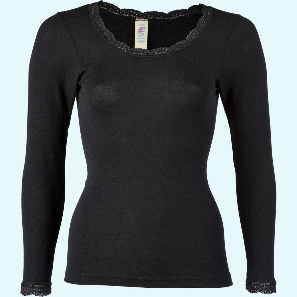 Damen Shirt mit Spitze langarm Wolle Seide schwarz GOTS