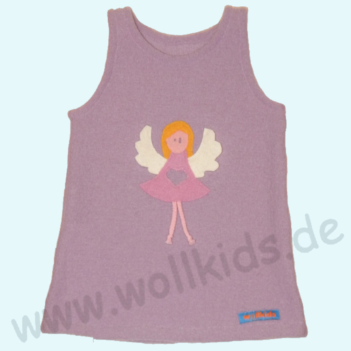 Wollkids Mädchen Kleid ohne Ärmel 100% Wollwalk flieder mit Motiv Engel SALE Wollkids Baby & Kinder Kleid ohne Ärmel aus 100% Wollwalk für Mädchen flieder mit Motiv Engel