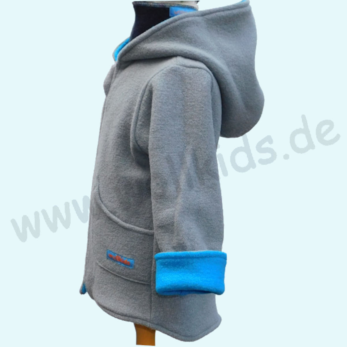 Warme Kinder Walkjacke aus 100% Schurwolle - Wollkids blau/grau Doubleface Walkjacke für Kinder aus 100% Schurwolle von Wollkids - Farbe blau/grau