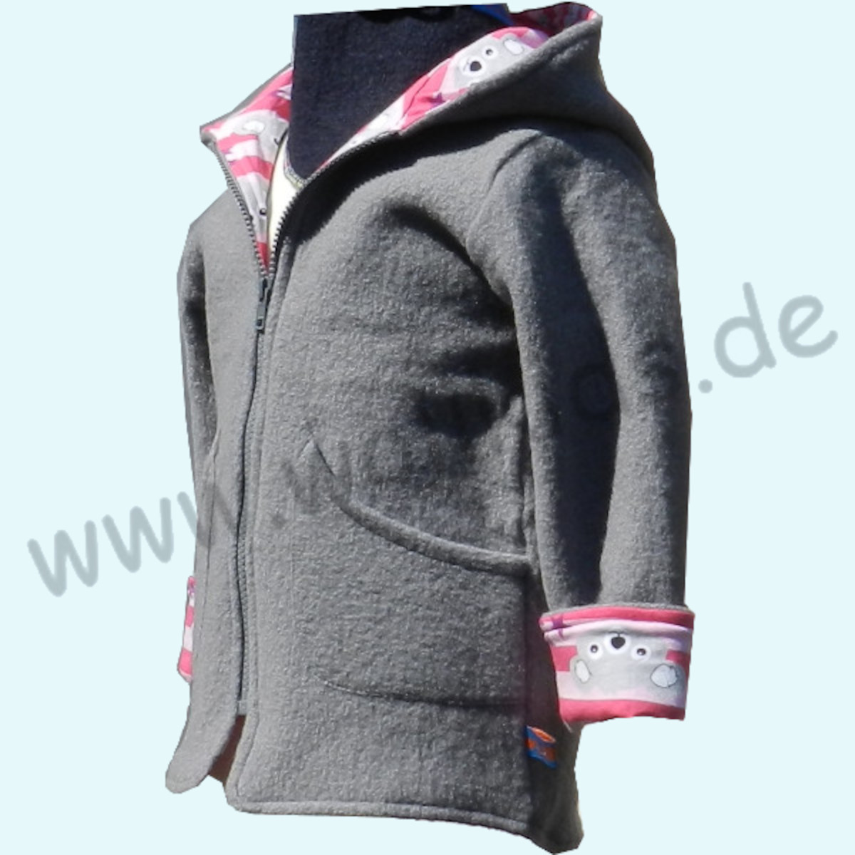 Wollkids Mädchen Walkjacke gefüttert 100% Wolle - grau/rosa mit Koala Wollkids Mädchen Wollwalkjacke gefüttert mit Reißverschluss aus 100% Schurwolle - grau mit Koala