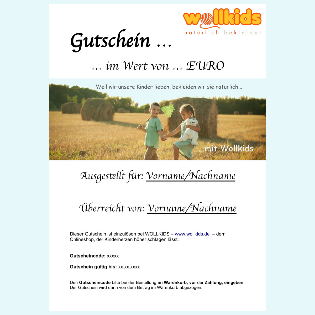 Wollkids Geschenk Gutschein für Kleidung Merino Wolle Seide & Baumwolle Wollkids Geschenk-Gutschein für Baby, Kinder & Erwachsenen Kleidung aus Merinowolle Seide & Baumwolle