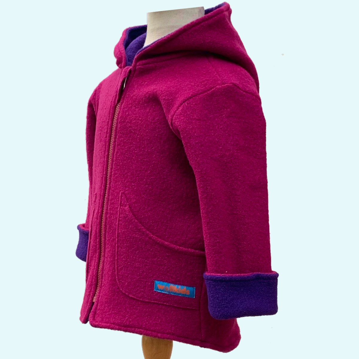 Doubleface Walkjacke für Mädchen aus 100% Schurwolle von Wollkids - Farbe lila/beere