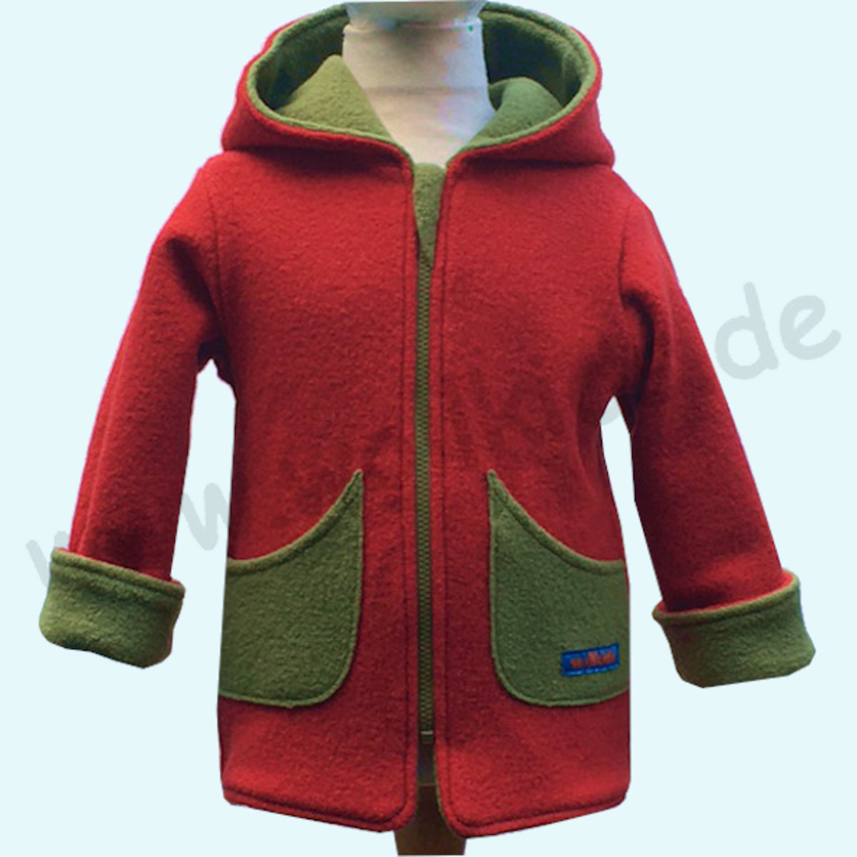 Warme Kinder Walkjacke aus 100% Schurwolle - Wollkids rot/grün Doubleface Walkjacke für Kinder aus 100% Schurwolle von Wollkids - Farbe rot/grün