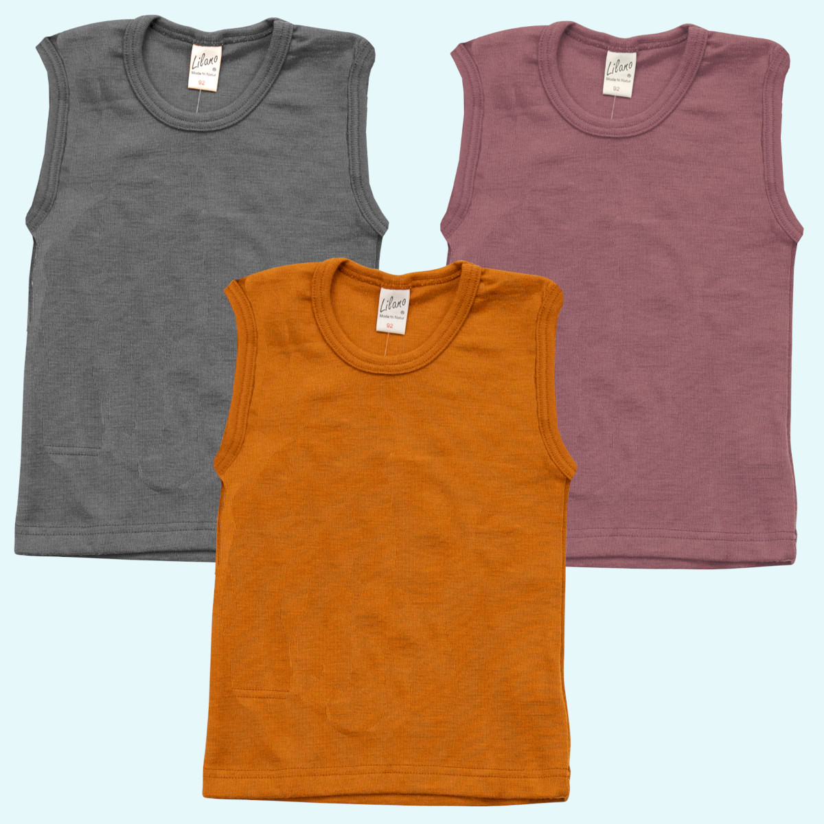 Kinder Achselshirt TankTop Wolle Seide ohne Arm farbig uni GOTS