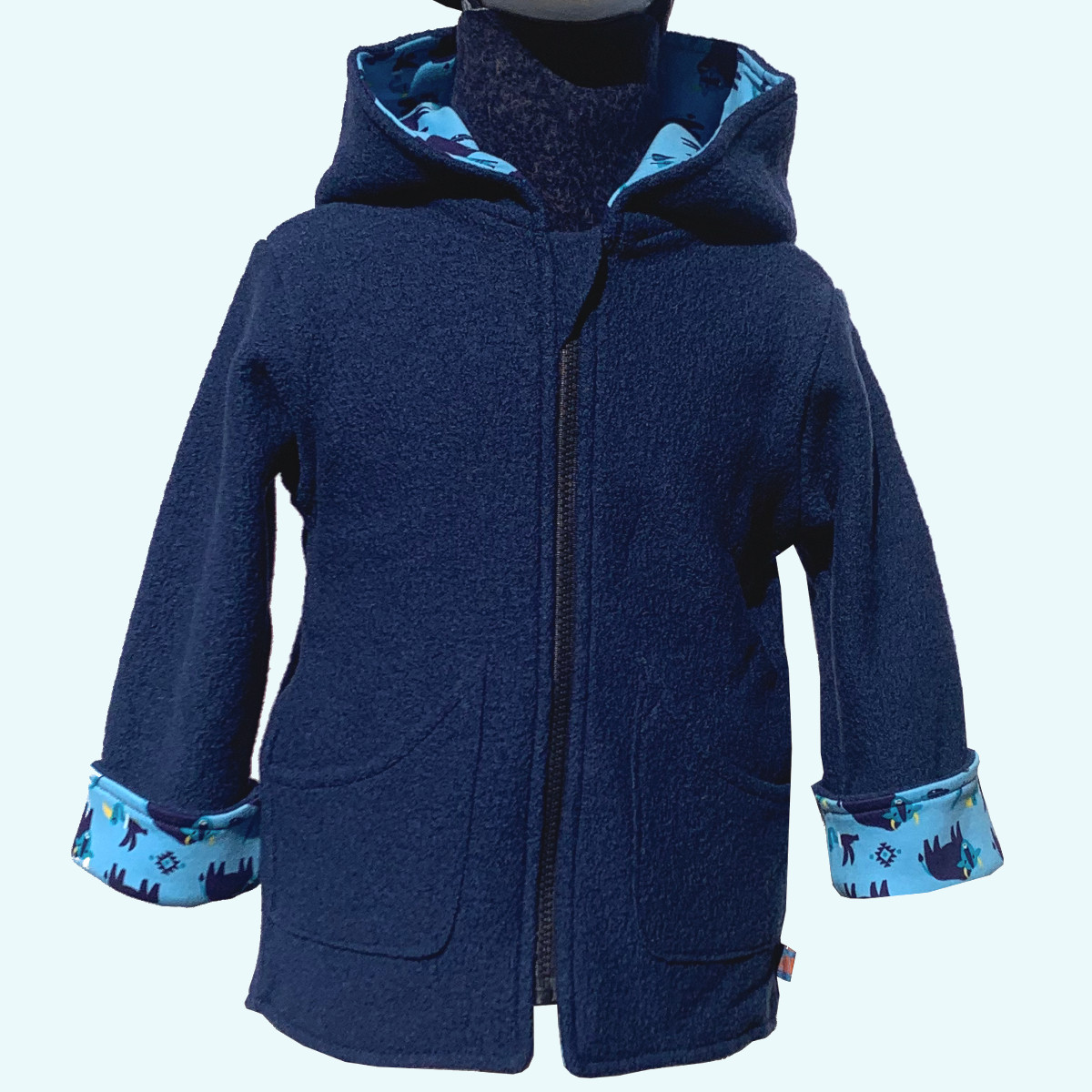 Wollkids Baby & Kinder Wollwalk Jacke gefüttert mit Reißverschluss aus 100% Schurwolle - blau mit Strichen
