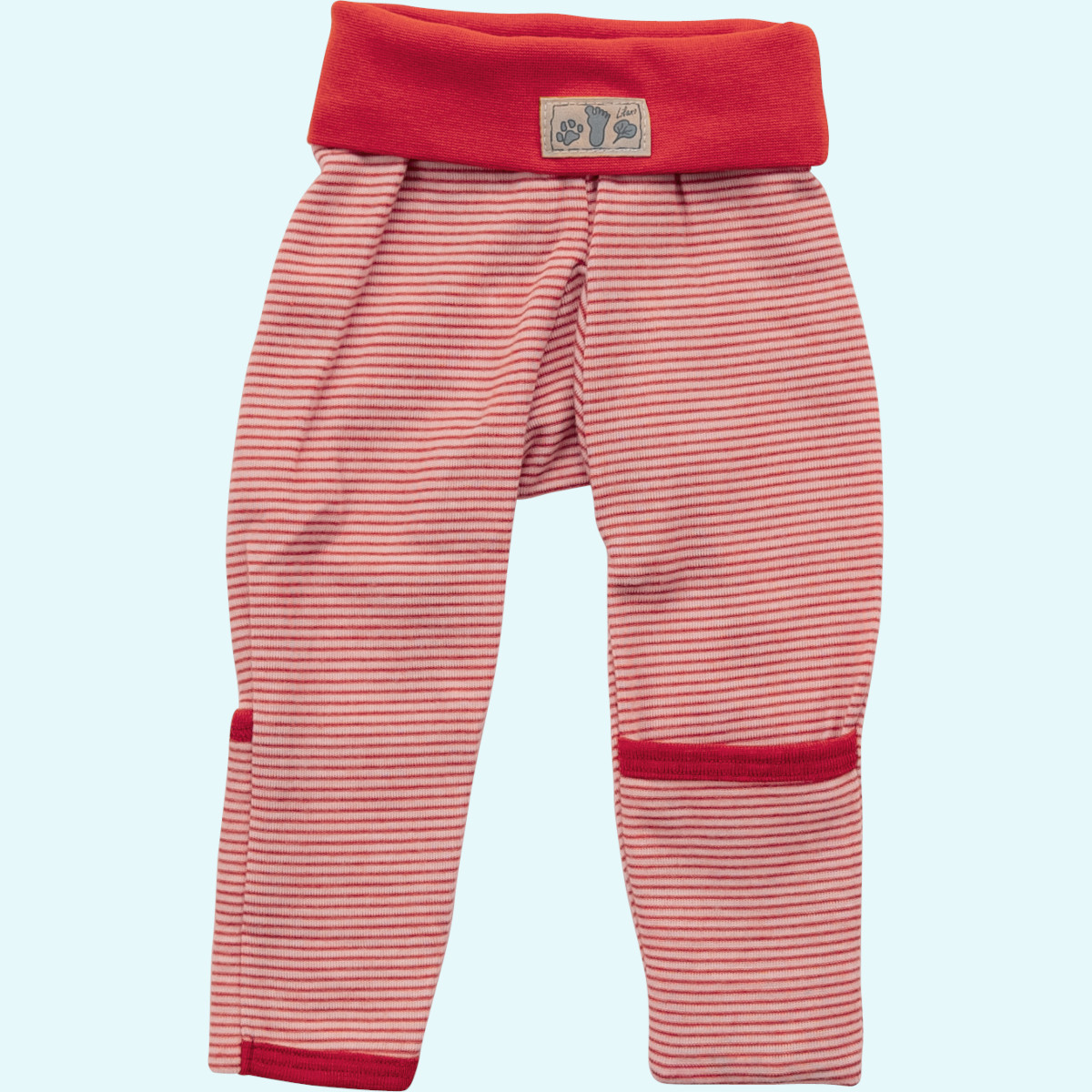 Baby Leggin Hose mit Nabelbund und Beinumschlag Wolle Seide rot geringelt GOTS