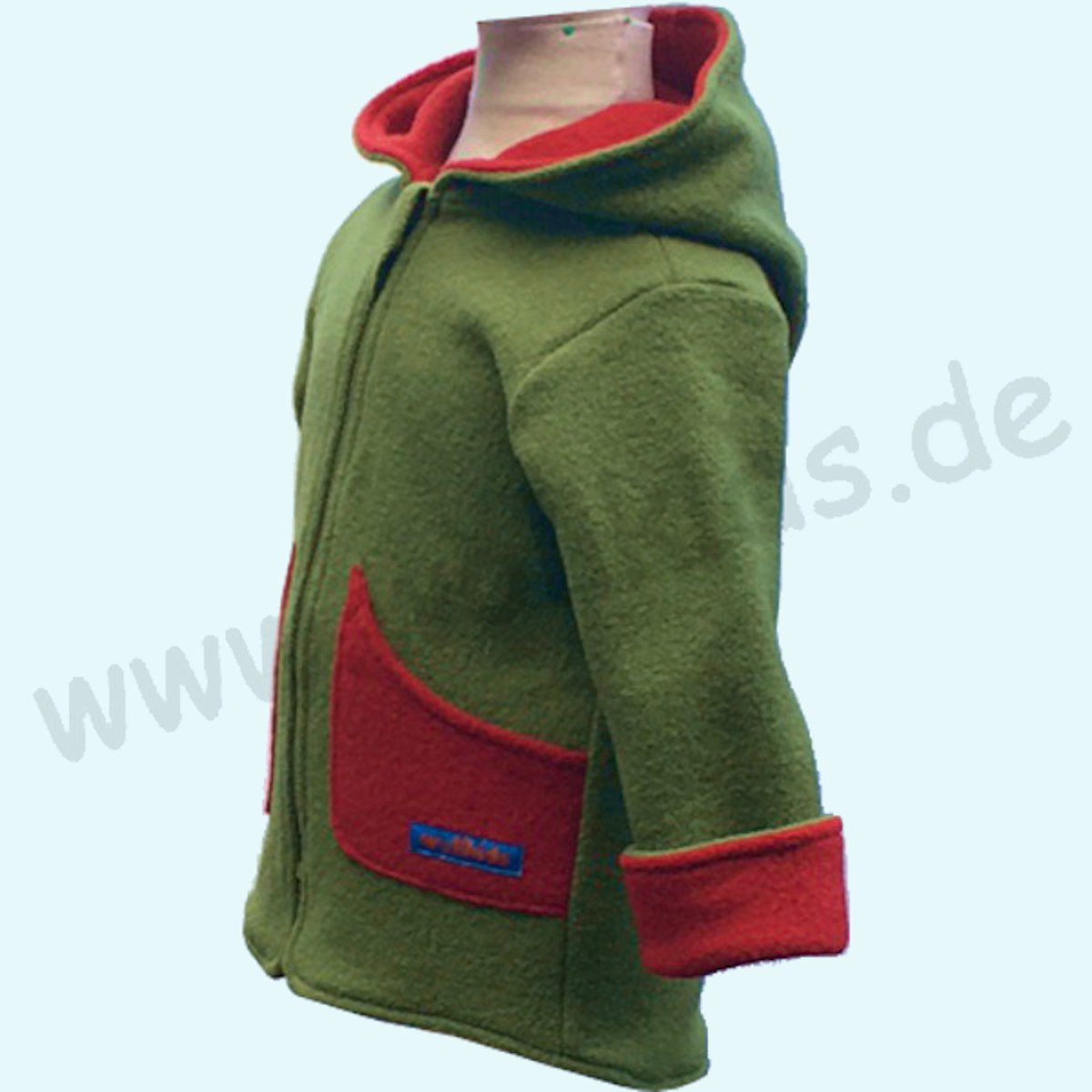Warme Kinder Walkjacke aus 100% Schurwolle - Wollkids rot/grün Doubleface Walkjacke für Kinder aus 100% Schurwolle von Wollkids - Farbe rot/grün