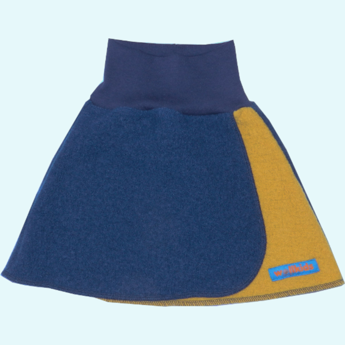 Wollkids Kinder Wollwalk Wickelrock kurz/midi 100% Wolle blau/gelb Süßer Wollkids Kinder Wollwalk Rock Wickelrock kurz/midi aus 100% Wolle für den Sommer & Winter - Farbe blau/gelb