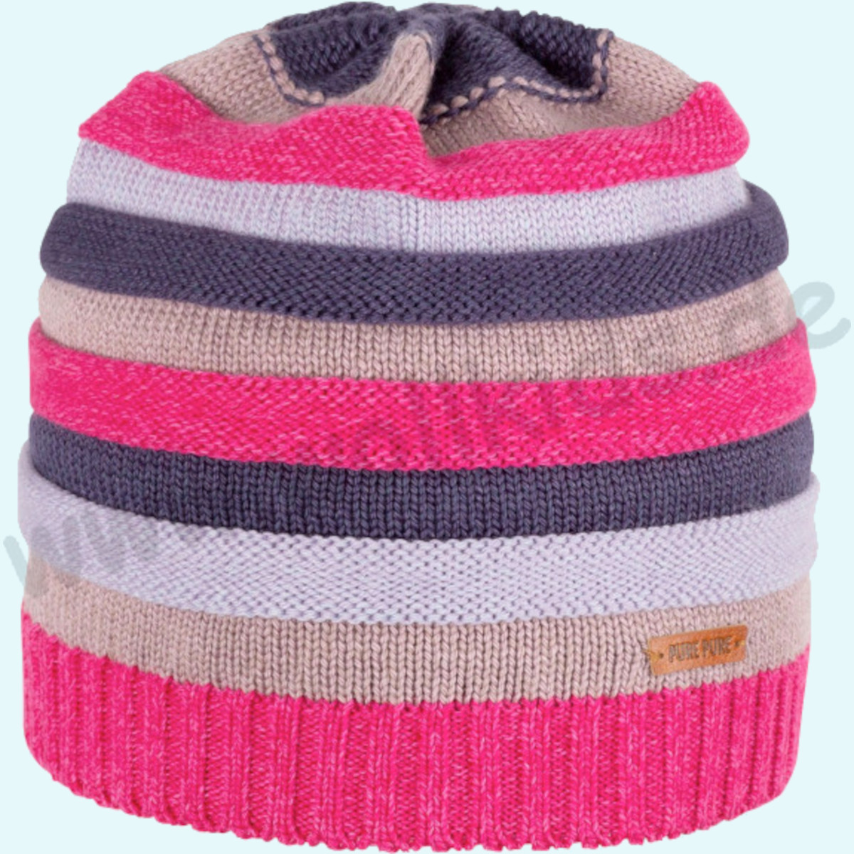 Dicke & warme Mädchen Wollmütze von Pure Pure aus Merinowolle Seide für den Winter - pink/lila geringelt 55/57