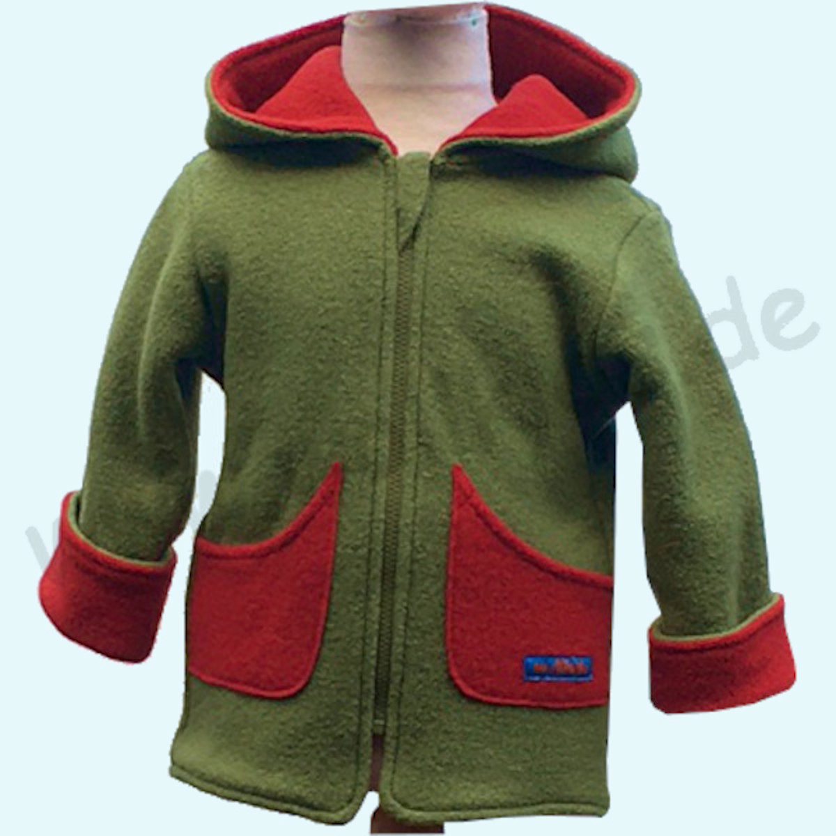 Warme Kinder Walkjacke aus 100% Schurwolle - Wollkids rot/grün Doubleface Walkjacke für Kinder aus 100% Schurwolle von Wollkids - Farbe rot/grün