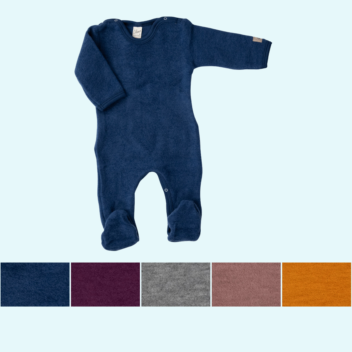 Baby Overall Wagenanzug mit Fuß Wollfrottee Plüsch langarm farbig uni GOTS