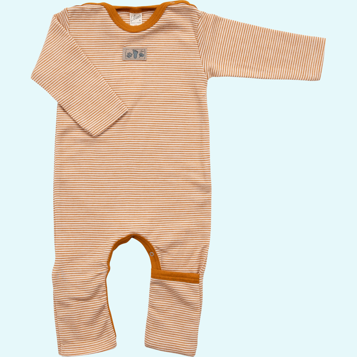 Indoor Overall aus Wolle Seide von Lilano Baby Overall Anzug mit Umschlagbündchen Wolle Seide langarm farbig geringelt GOTS