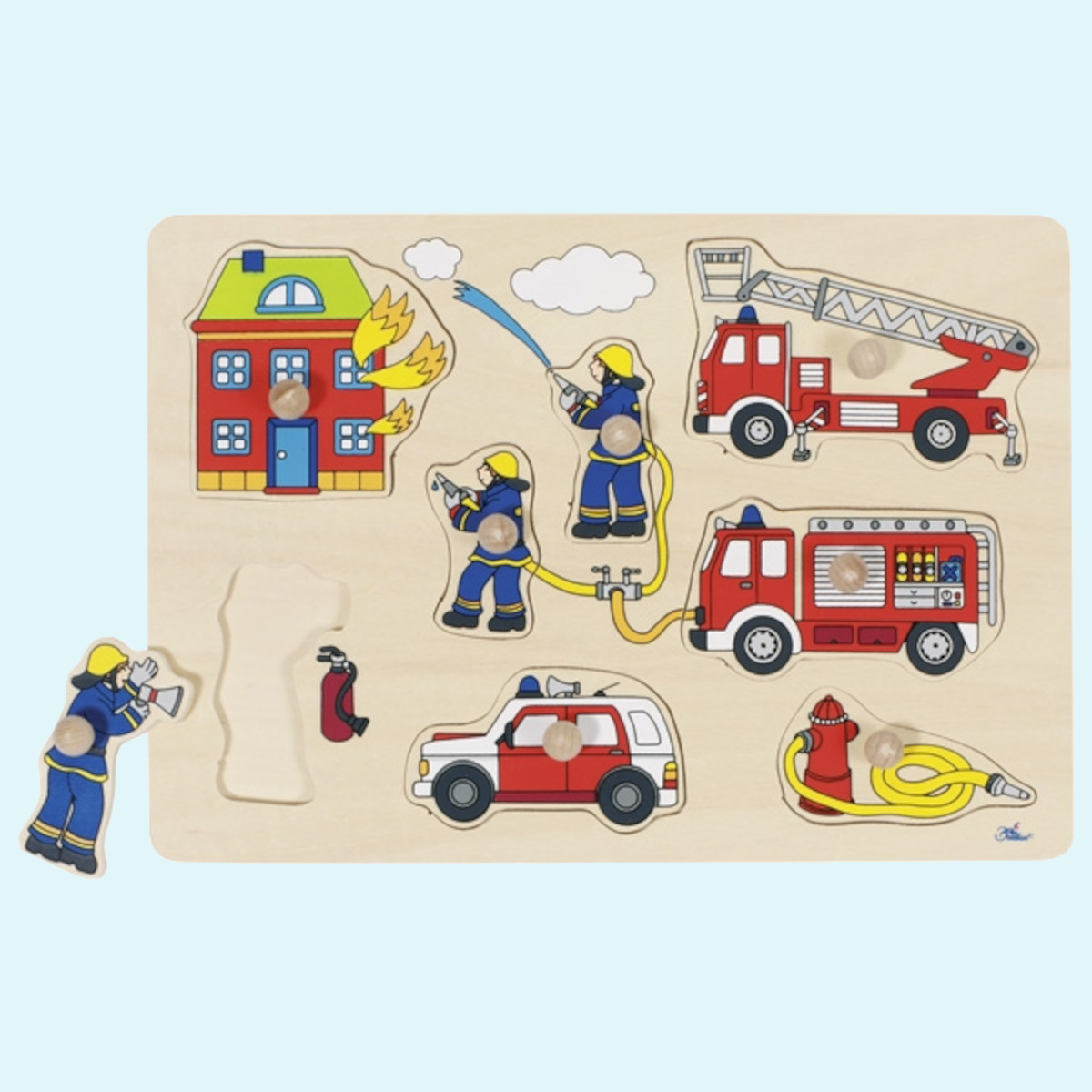 Großes Steckpuzzle aus Holz für Kinder von Goki - Feuerwehr Motiv 7 Teile Großes Steckpuzzle aus Holz von Goki für Kinder ab 1 Jahr - mit Feuerwehr Motiv - 8 Teile