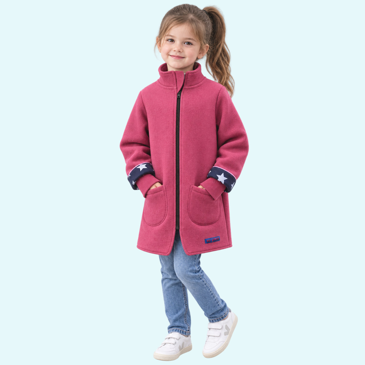 Wollkids Winter Wollwalk Mantel gefüttert für Mädchen aus 100% Schurwolle - rosa & Sterne