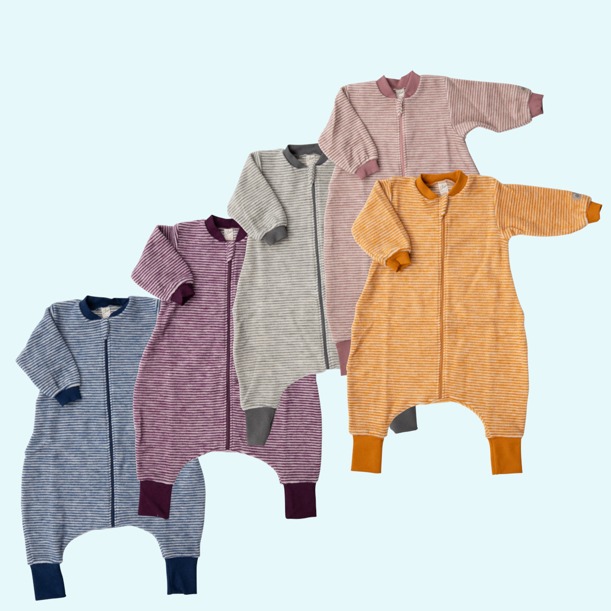 Baby Schlafsack mit Fuß Wollfrottee Plüsch langarm farbig geringelt GOTS