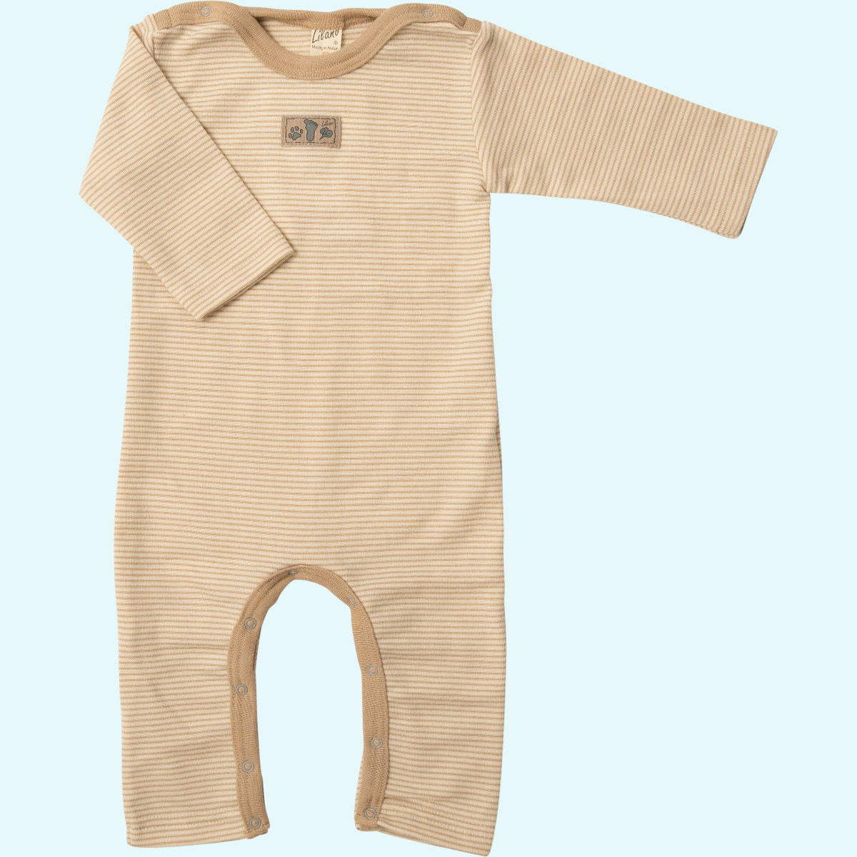 Indoor Overall aus Wolle Seide von Lilano Baby Overall Anzug mit Umschlagbündchen Wolle Seide langarm farbig geringelt GOTS
