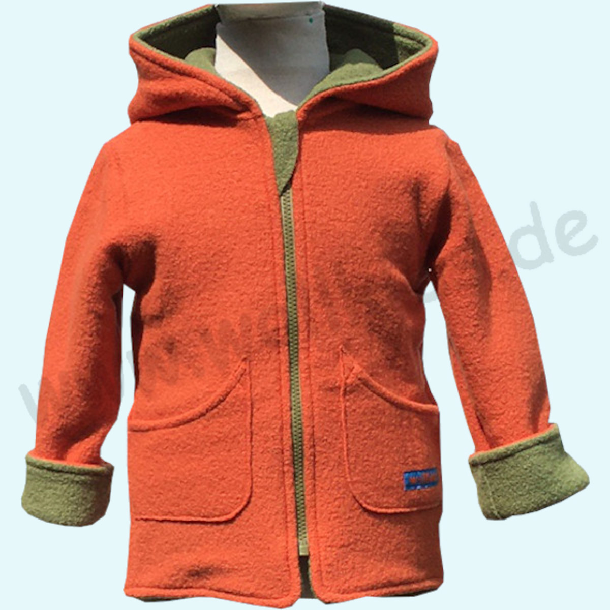 Kinder Wollwalkjacke aus 100% Schurwolle - Wollkids orange/grün Doubleface Wollwalkjacke für Kinder aus 100% Schurwolle von Wollkids - Farbe orange/grün