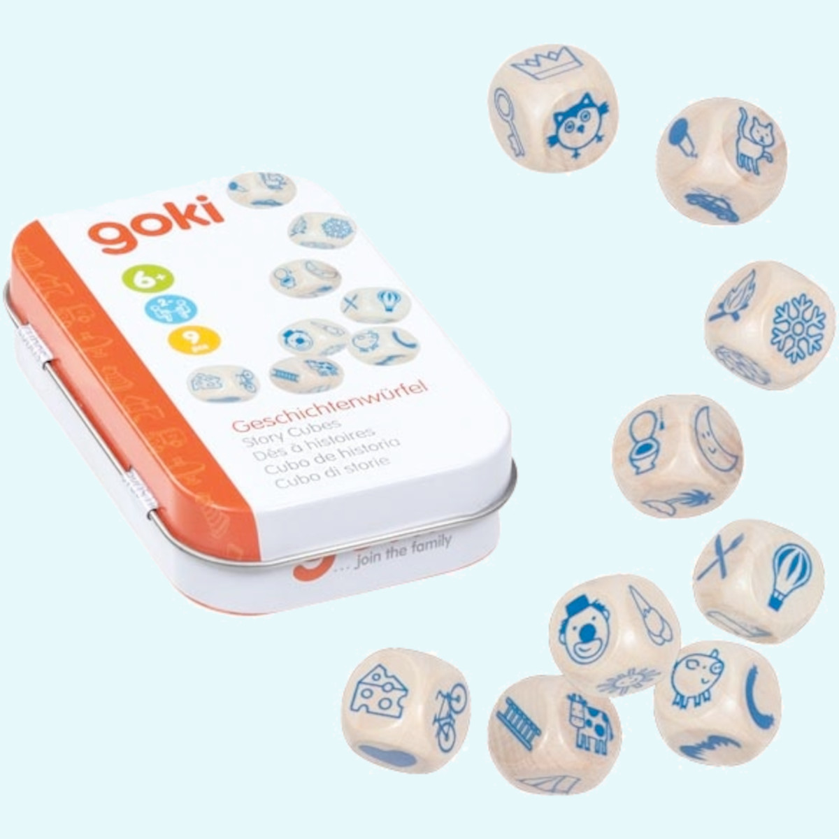 Spannende Geschichtenwürfel für Kinder aus Holz von Goki - mit Metallbox Spannende Geschichtenwürfel für Kinder aus Holz von Goki - mit Metallbox