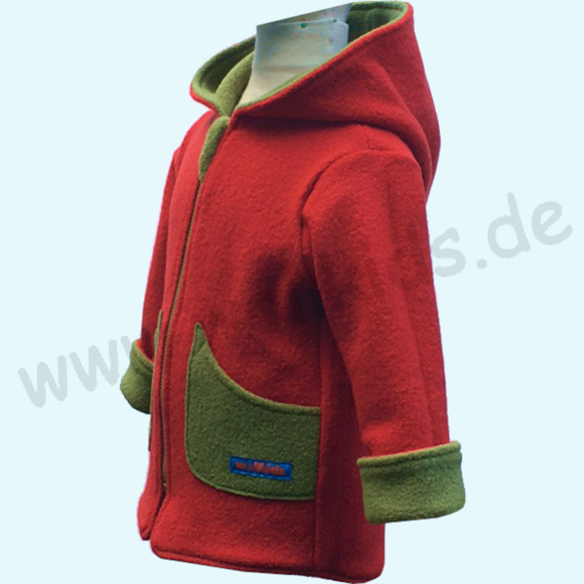 Warme Kinder Walkjacke aus 100% Schurwolle - Wollkids rot/grün Doubleface Walkjacke für Kinder aus 100% Schurwolle von Wollkids - Farbe rot/grün