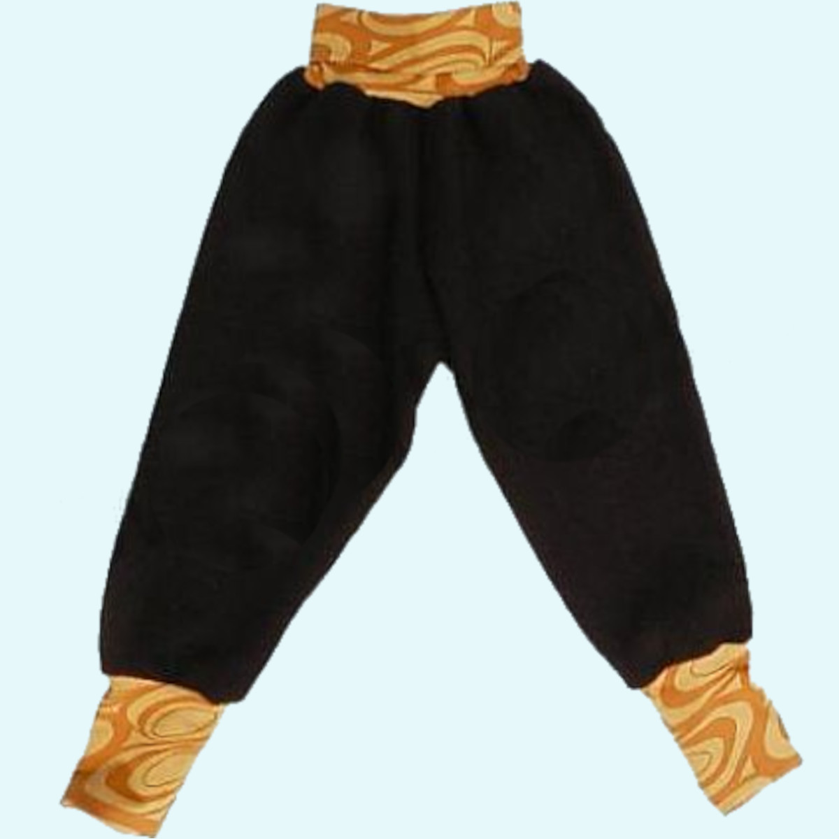 Wollkids Kinder Wollwalk Hose mit Nabelbund Bio Baumwolle schoko/gelb Warme Wollkids Baby & Kinder Wollwalk Hose mit Nabelbund aus Bio Baumwolle - Farbe braun/gelb retro