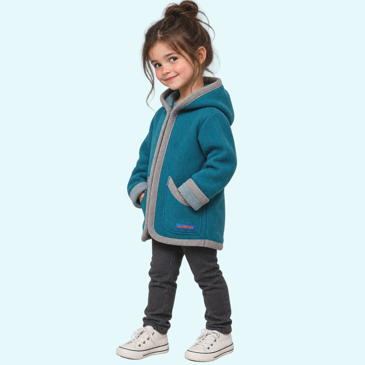 Wollkids Mädchen doubleface Walkjacke 100% Merinowolle mit Reißverschluss & Kapuze