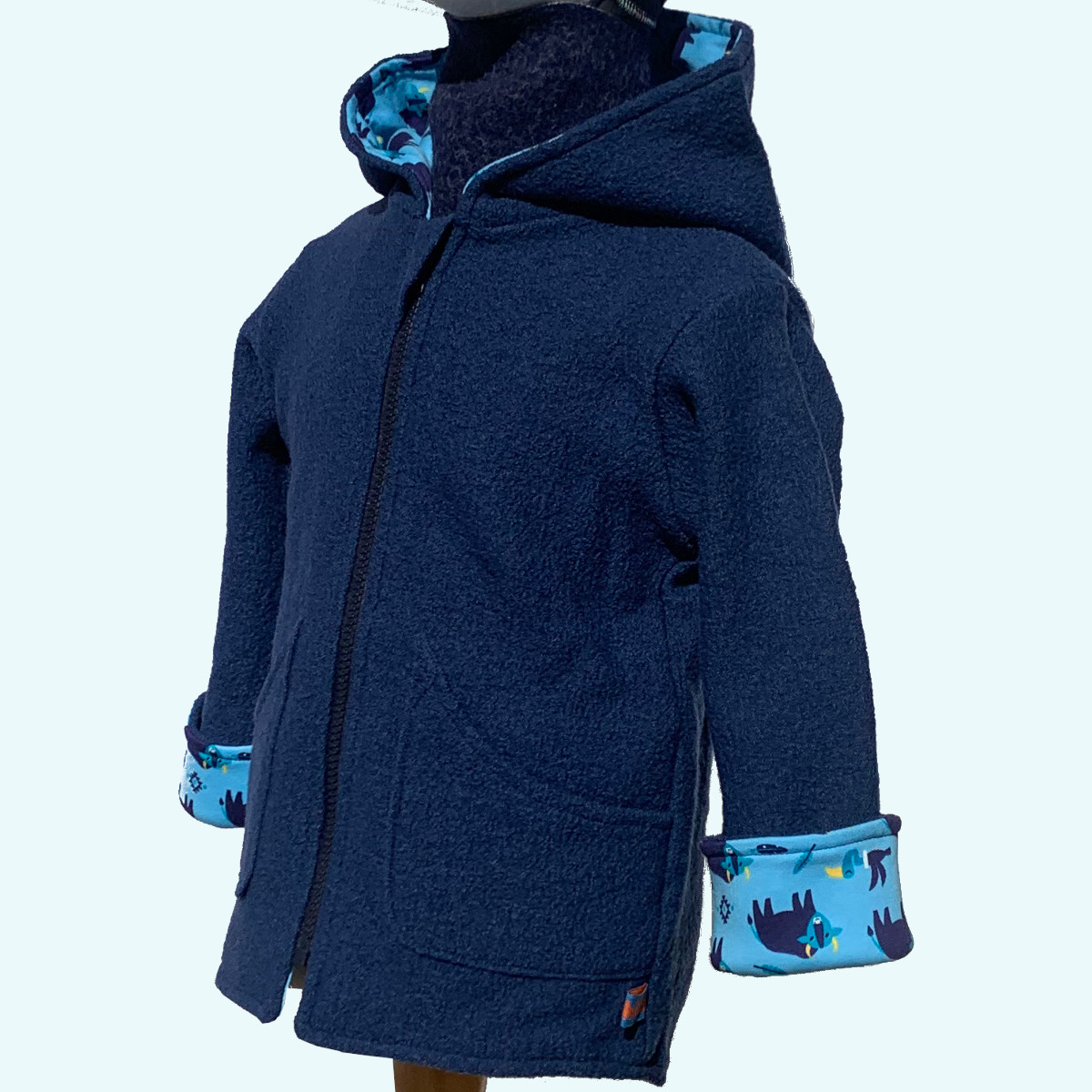 Wollkids Baby & Kinder Wollwalk Jacke gefüttert mit Reißverschluss aus 100% Schurwolle - blau mit Strichen