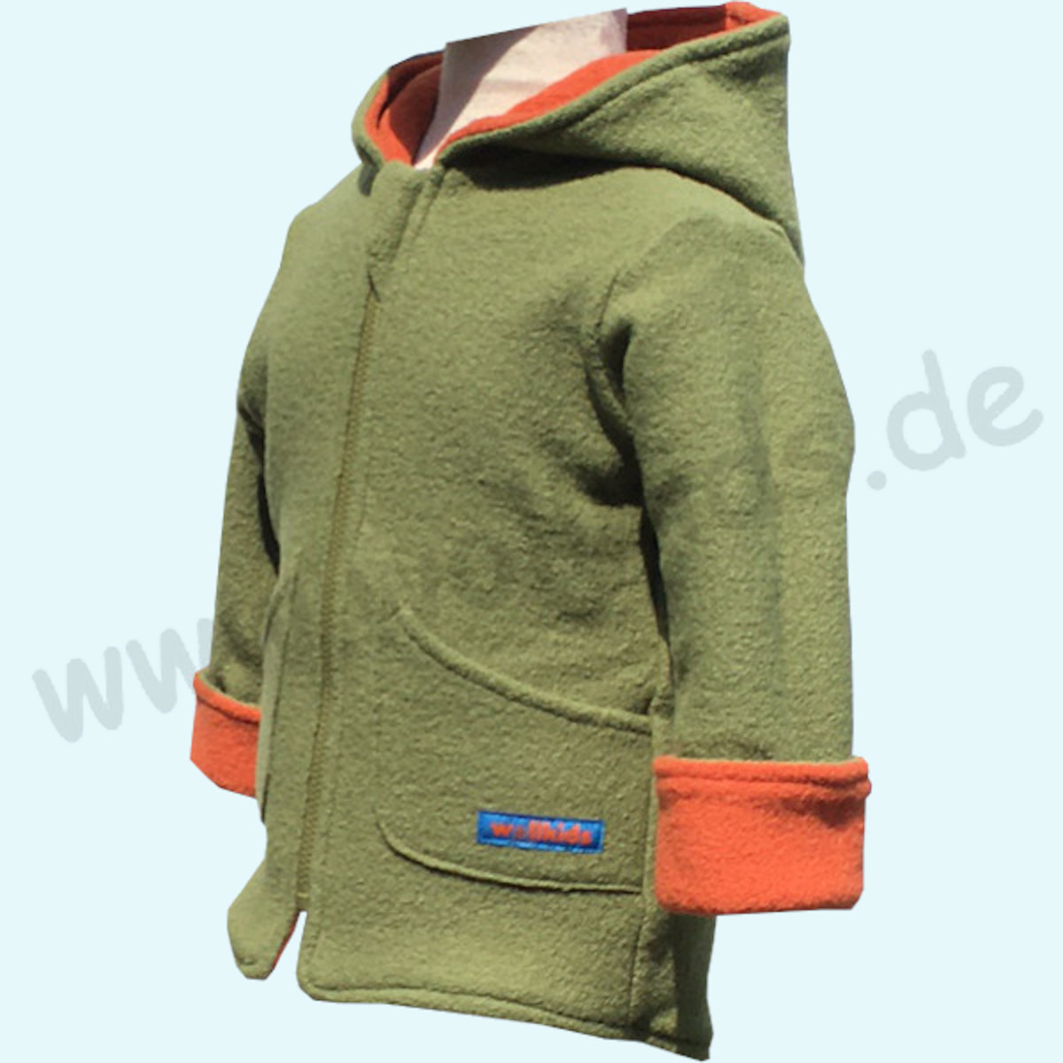 Kinder Wollwalkjacke aus 100% Schurwolle - Wollkids orange/grün Doubleface Wollwalkjacke für Kinder aus 100% Schurwolle von Wollkids - Farbe orange/grün