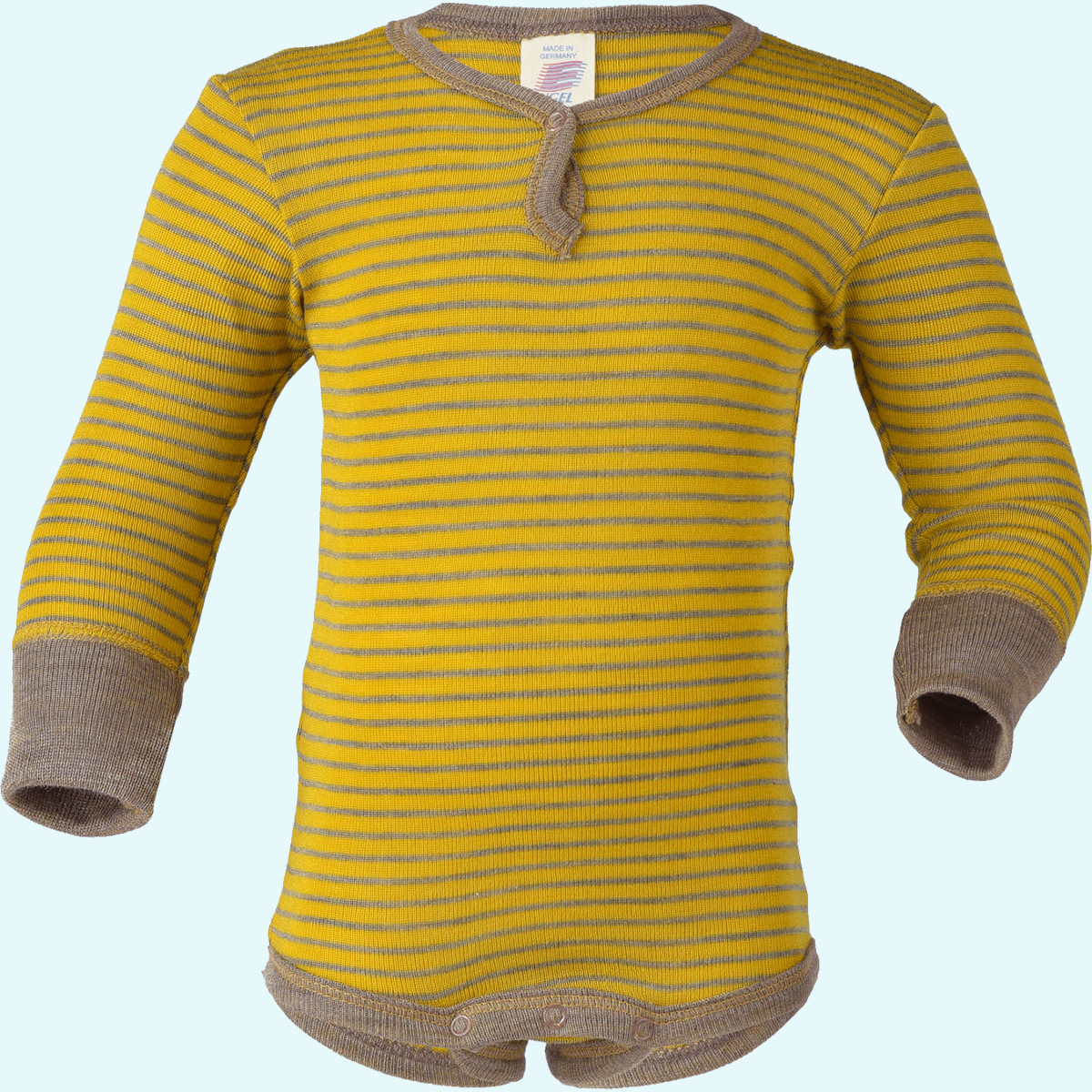 Kuscheliger Engel langarm Baby Body aus merino Wolle/Seide Langarm Baby Body Safran-Walnuss geringelt von Engel aus BIO merino Schurwolle/Seide - Sommer & Winter ideal bei empfindlicher Haut GOTS