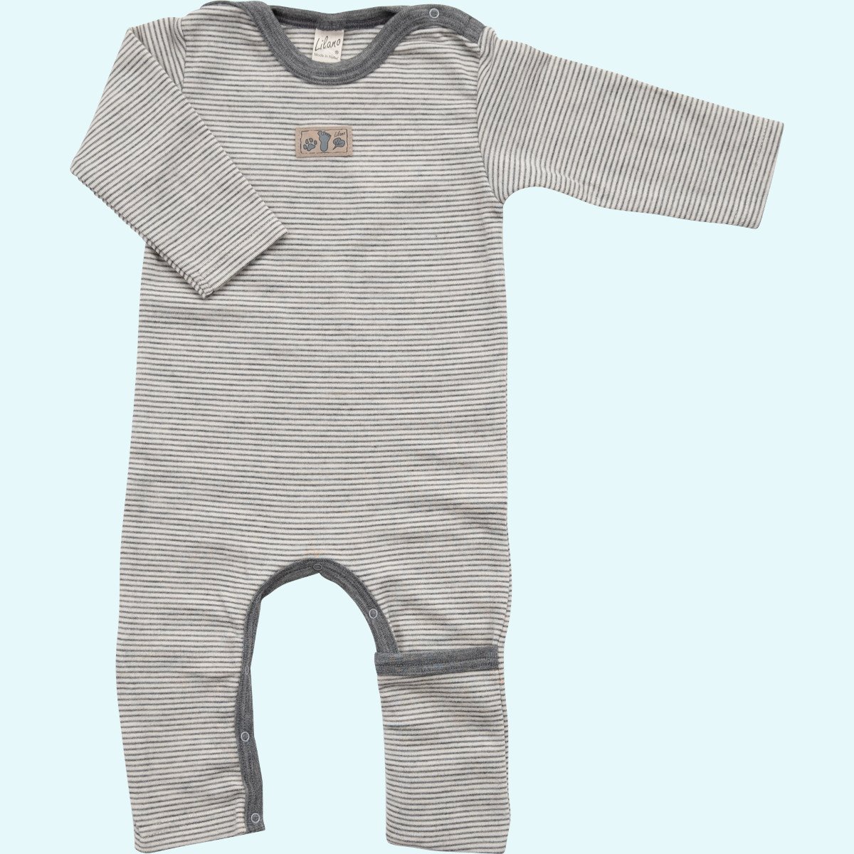 Indoor Overall aus Wolle Seide von Lilano Baby Overall Anzug mit Umschlagbündchen Wolle Seide langarm farbig geringelt GOTS