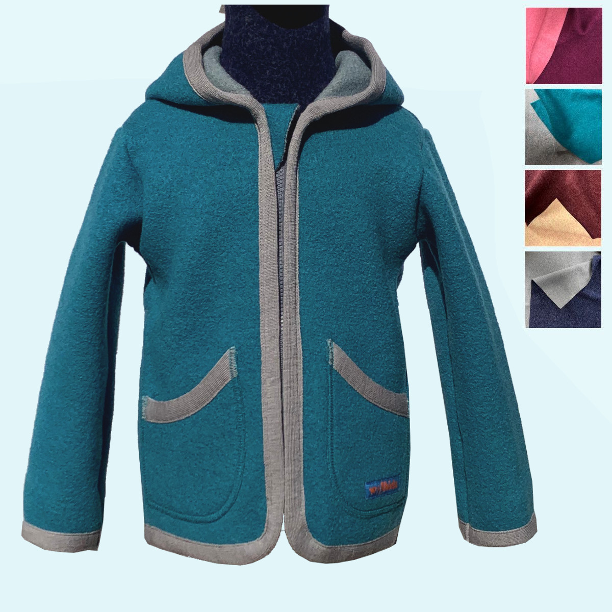 Wollkids Kinder Wollwalkjacke doubleface 100% Merinowolle mit Reißverschluss & Kapuze