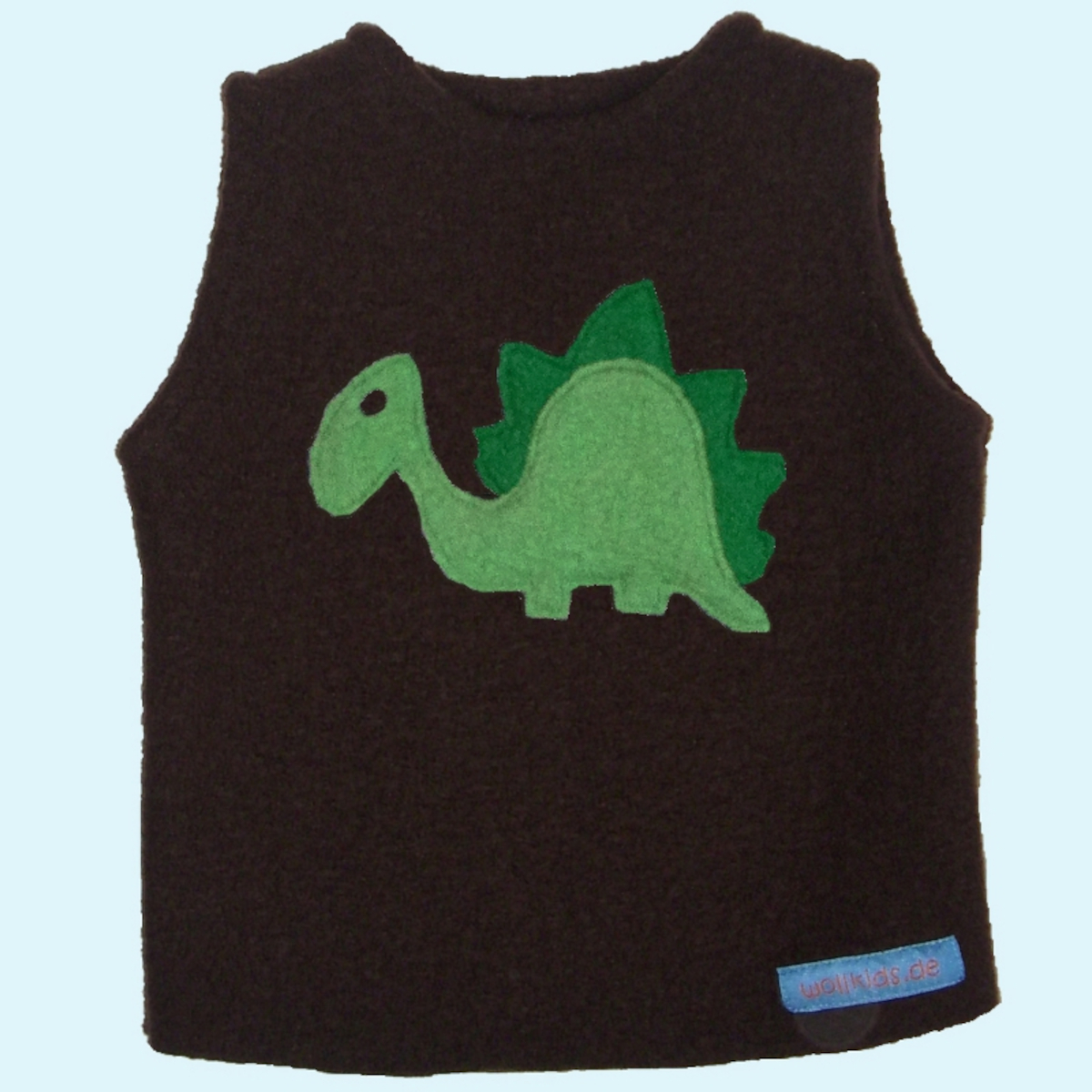 Wollkids Kinder Winter Pullunder aus 100% Walkwolle braun mit Motiv Dino Wollkids Baby & Kinder Winter Walk Pullunder Weste aus 100% Walkwolle ohne Reißverschluss grün mit Motiv Dino