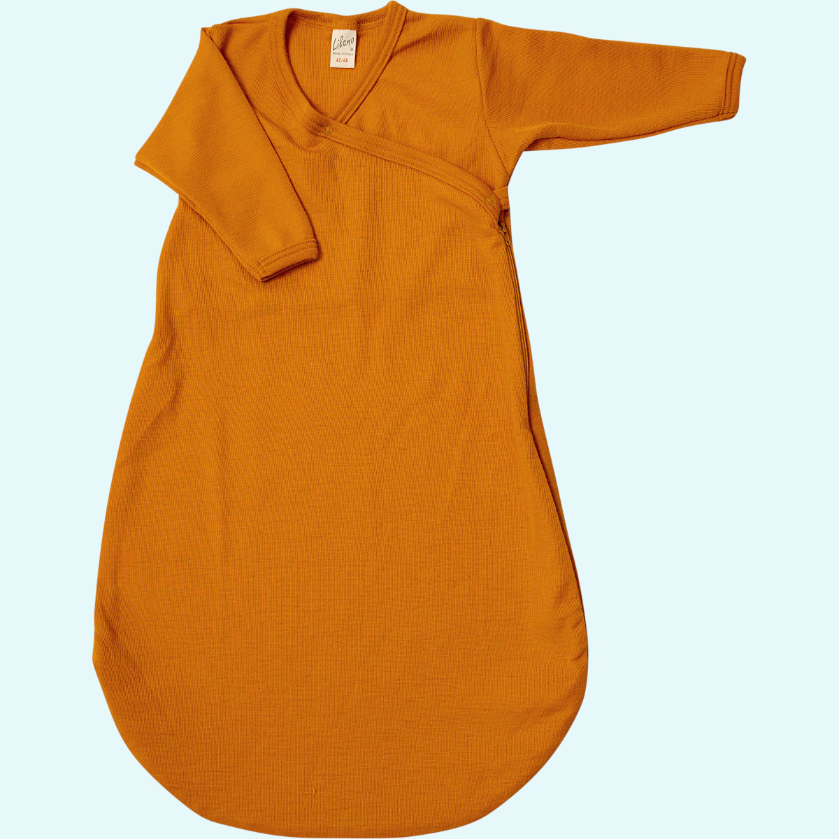 Sonniger Lilano Baby Wickelsack Merino-Wolle-Seide langarm Sonniges Lilano Baby Wickelsäckchen curry aus BIO merino Wolle/Seide langarm mit Reißverschluss